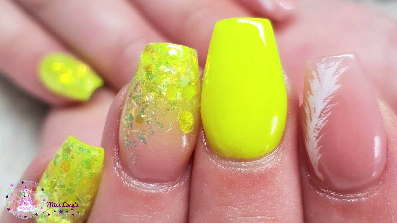 Neon Yellow Nails With Hand Painted Art YouTube