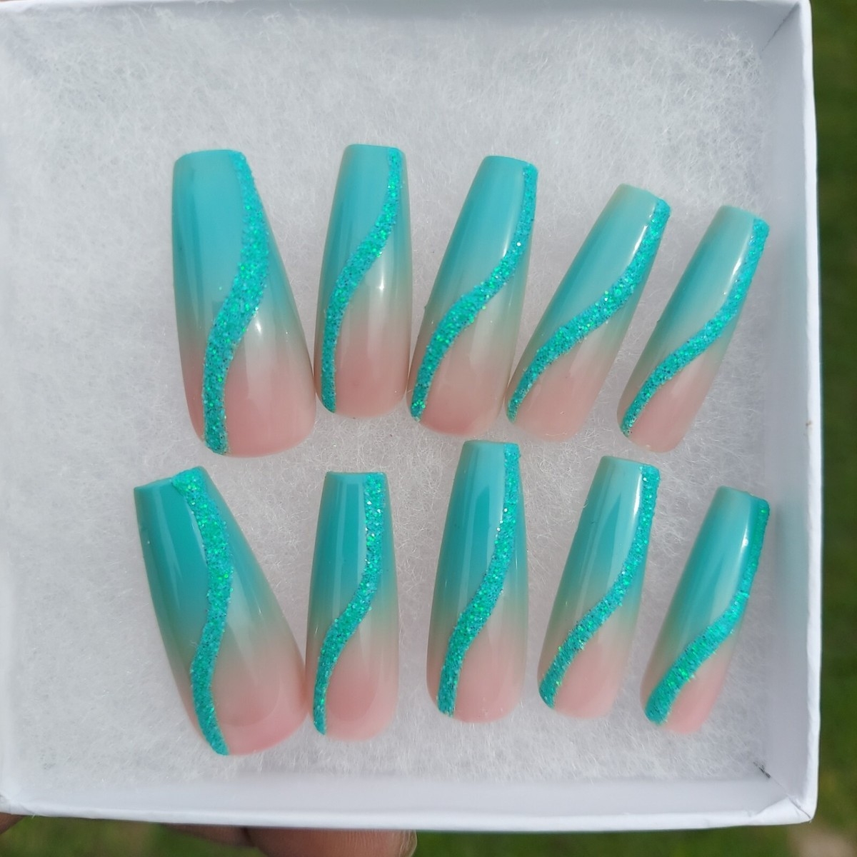 Ocean Beach Wedding Nails Teal Turquoise Glitter Sugar Swirl Press On Nails EBay