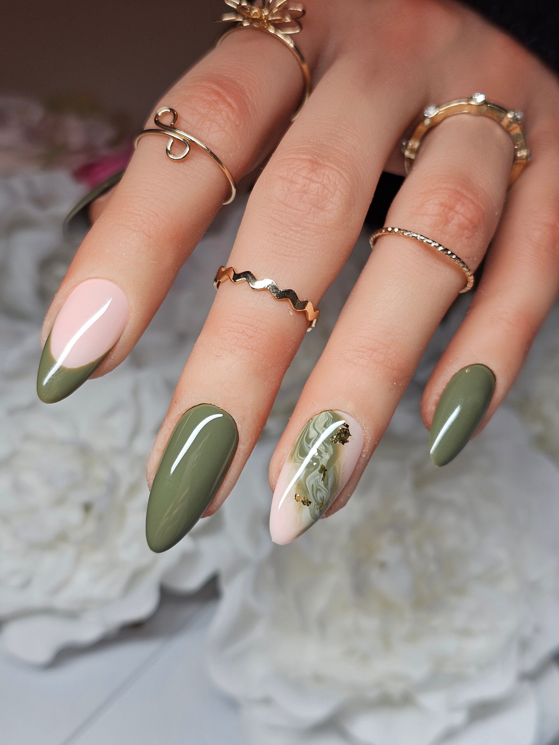 Olive Green With Marble Accent And Gold Flakes Reusable Press On Nails Stunning Set Trending Colour Handmade By Qualified Nail Tech Etsy