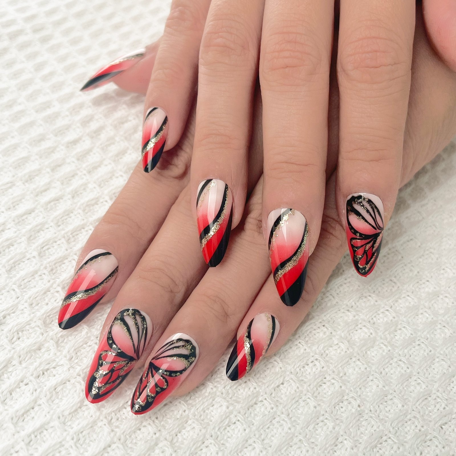 Ombre Red Nails With Butterfly Nail Art In Almond Shape RAINBOO BEAUTY
