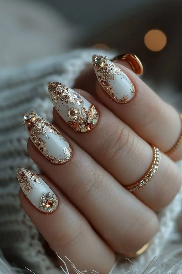 white and gold nail designs