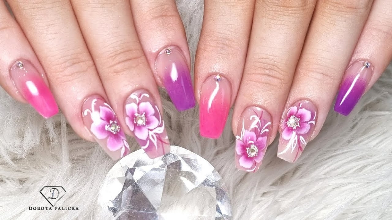Pink And Purple Ombre Nails With One Stroke Flowers YouTube