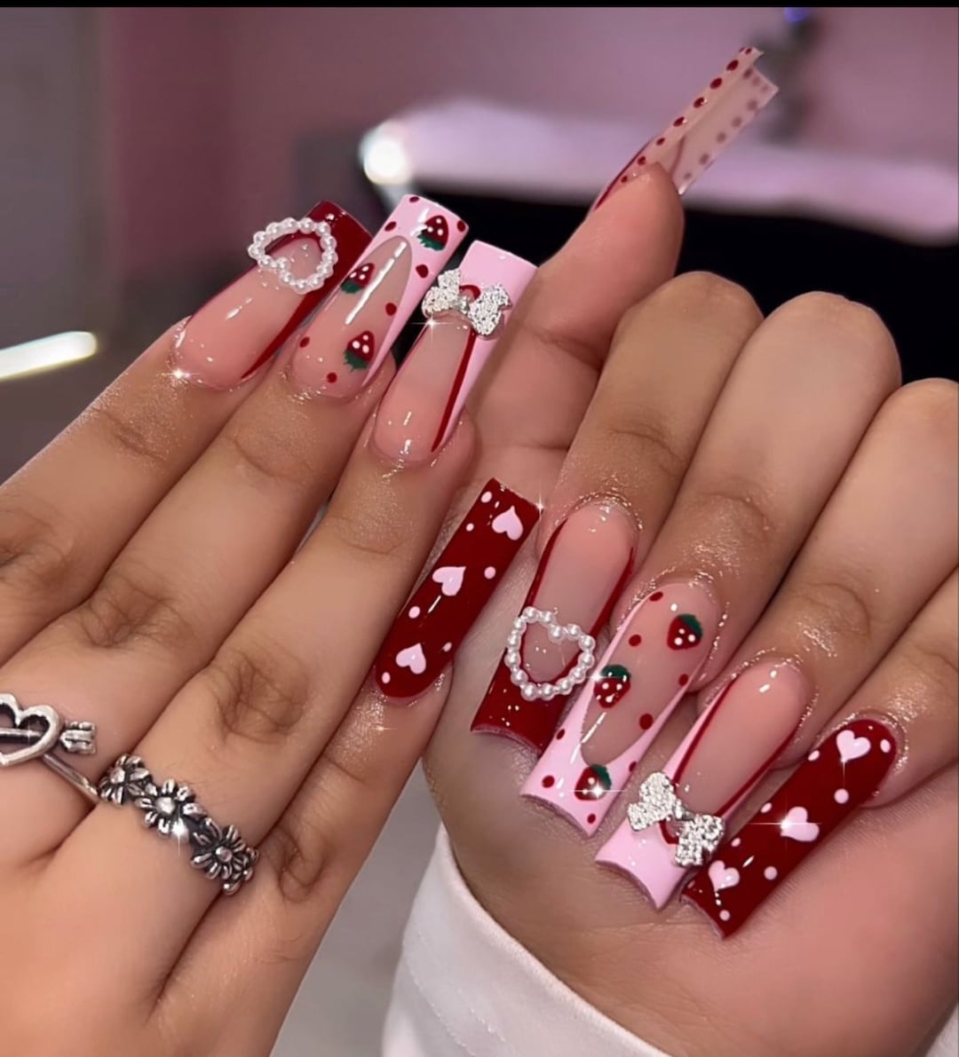 Pink And Red Heart French Tip Nails bling Nails pink Nails berry Nails glitter Nails heart Nails valentine Nails red Nails glam Nails Etsy