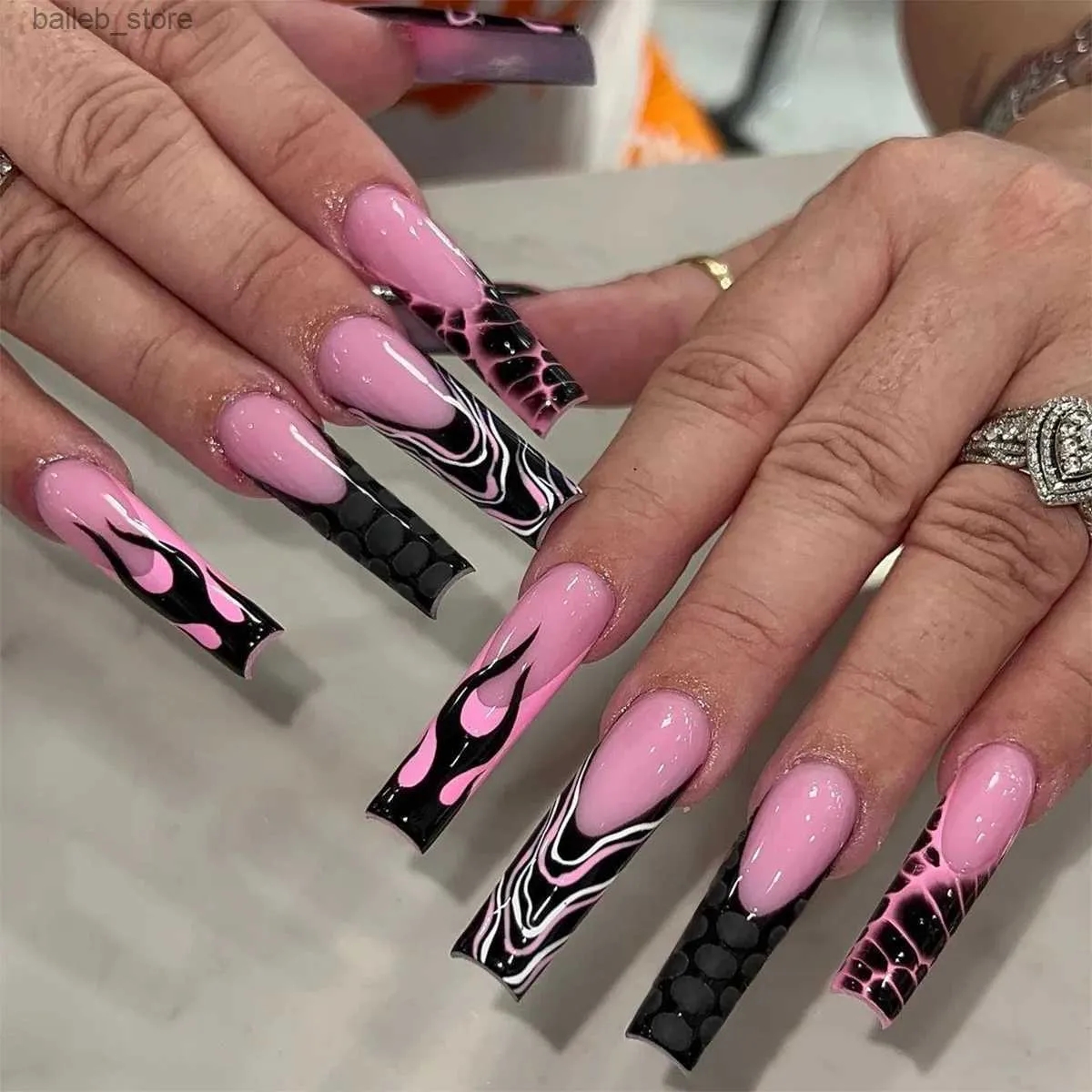 Pink Floral French Acrylic False Nails W Black Tie Press On Nail Kit From Dhgate False Nails Price 4 66