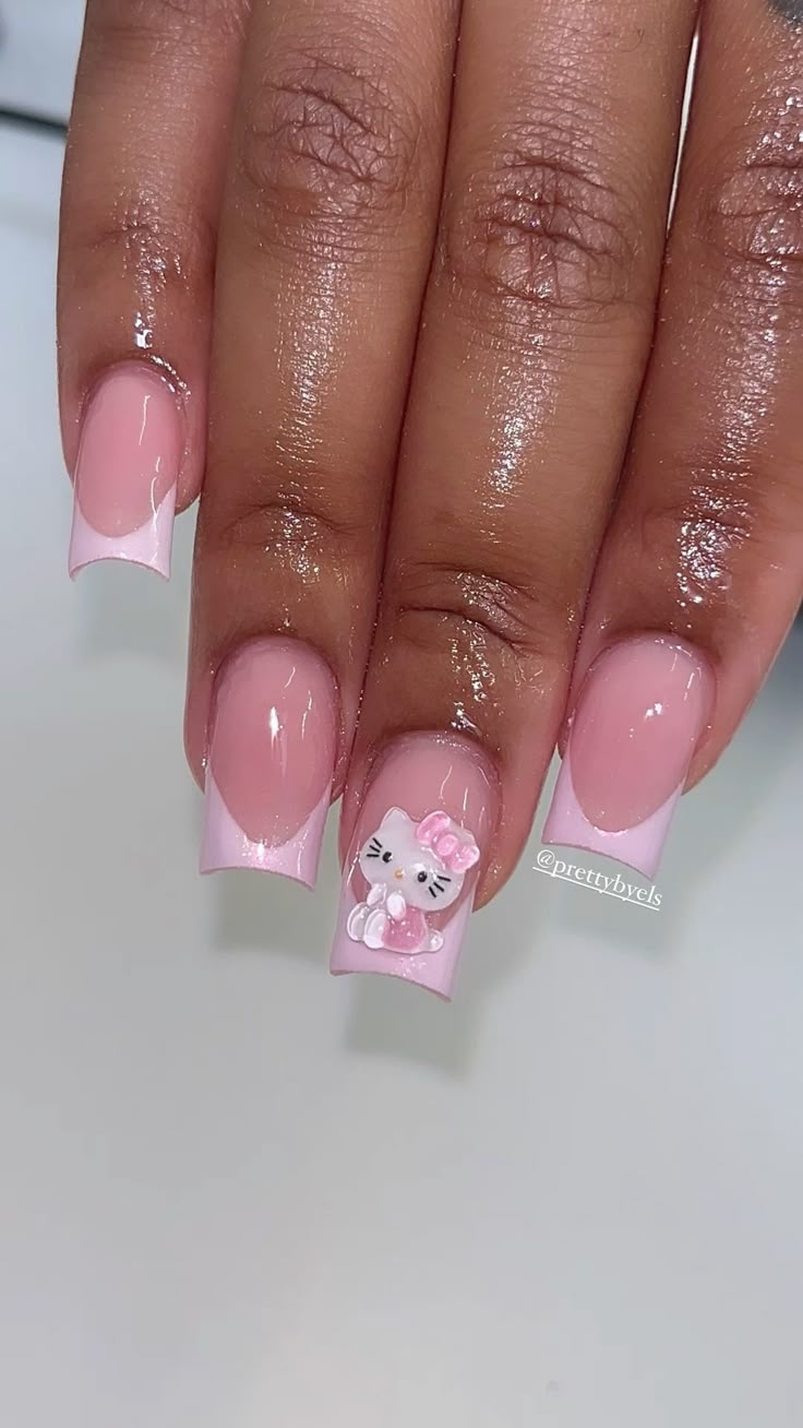 Pink French Tip Glazed Hello Kitty Nail Inspo 