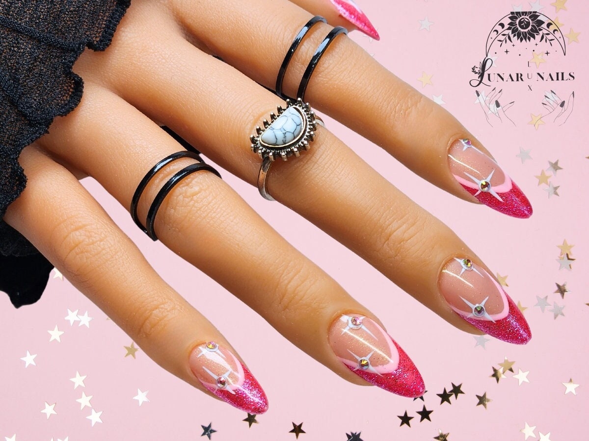 Pink Glitter French Tip Nail Art Design Luxury Gel Press On Nails Etsy