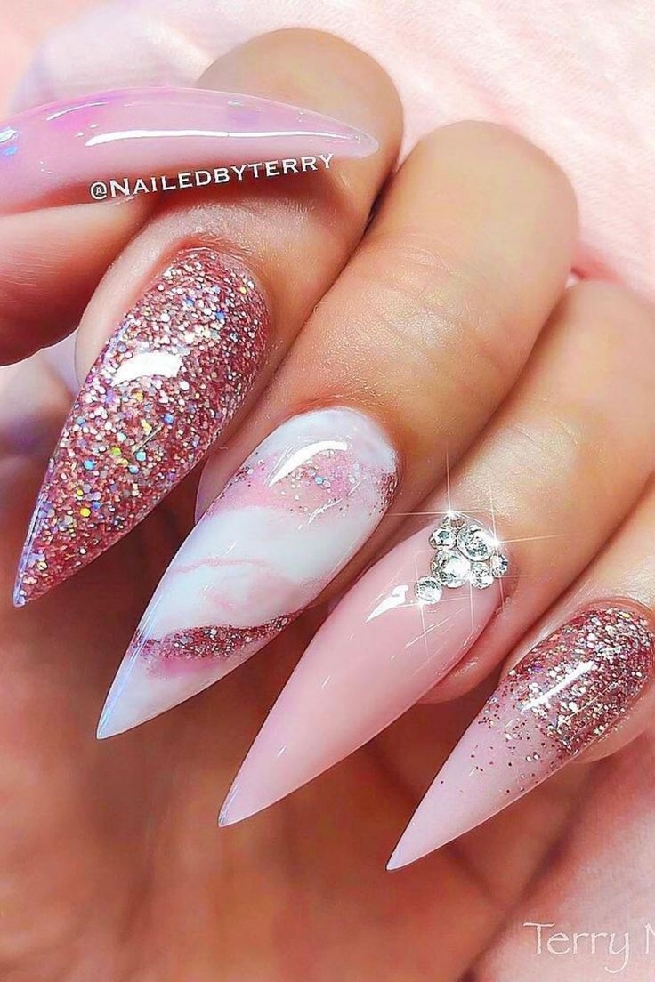 Pink Marble Nails With Glitter And Rhinestones