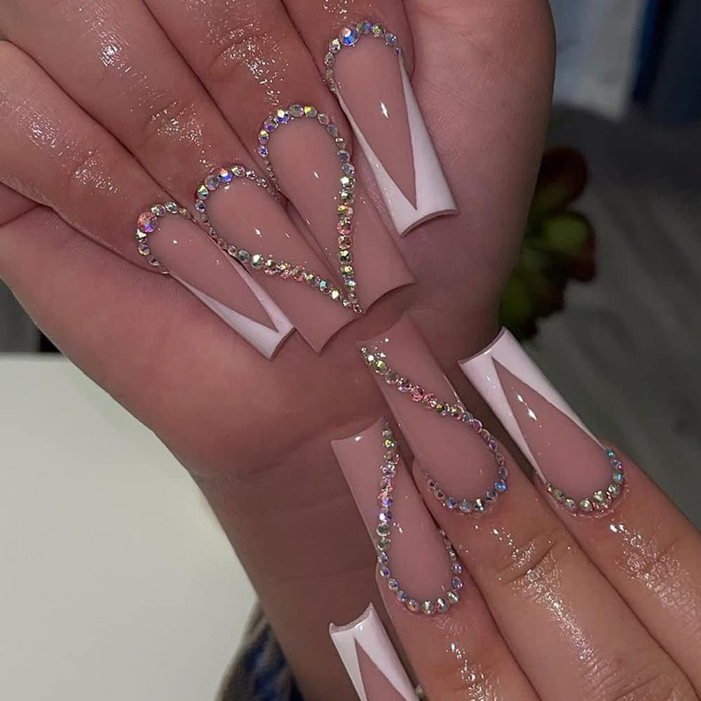 Press On Nails Long Square Shape Nails White Acrylic Nails Glossy Glue On Nails French False Nail Tips With Butterfly Charms And White Flowers Design For Women And Girls 24Pcs Walmart