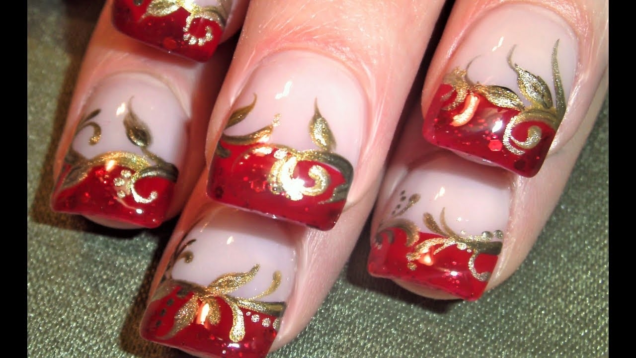 Pretty Red And Gold Nails Design Elegant Wedding Tip Nail Art Tutorial YouTube