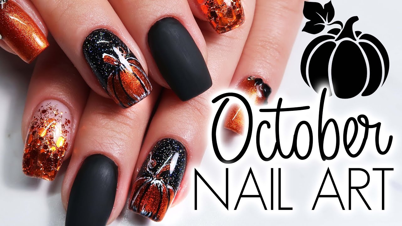 Pumpkin Nail Art Black And Orange October Nails Watch Me Work Gel Nail Art YouTube