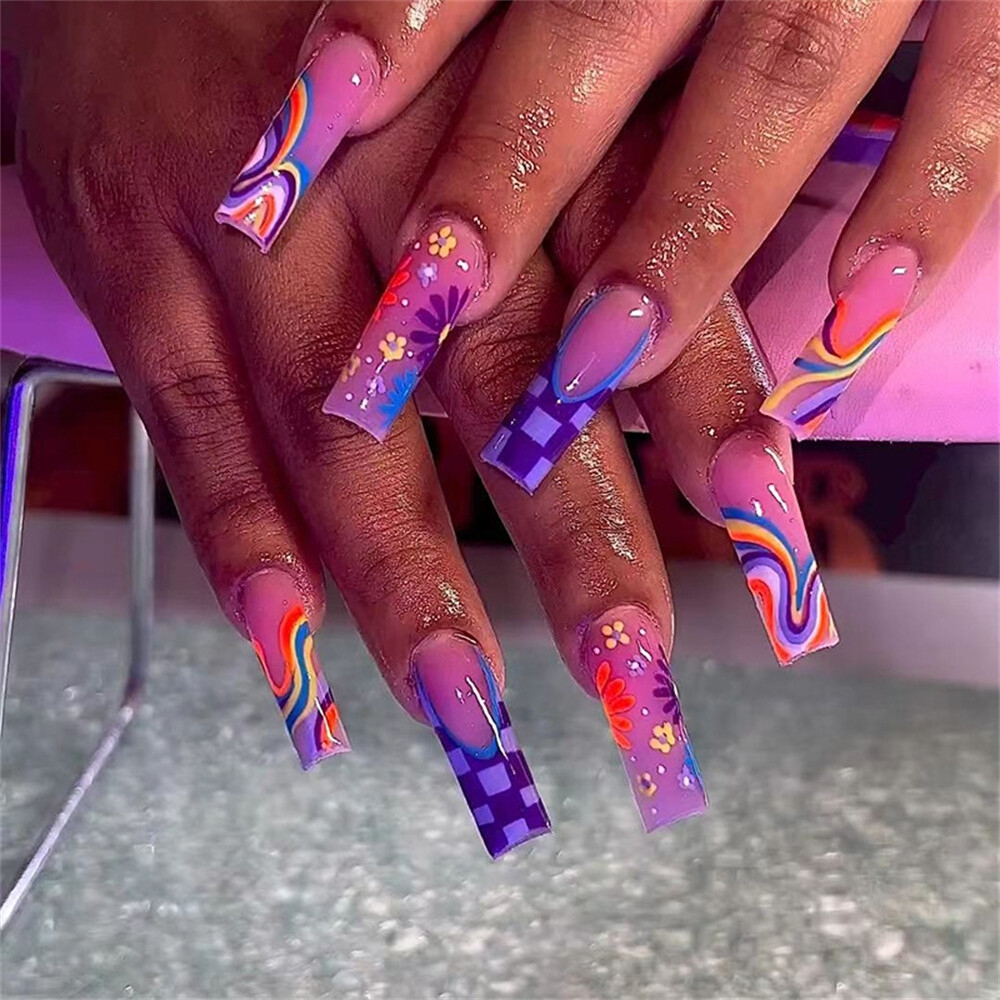 Rainbow Waves Flowers False Nail Long Square Press On Nails For Nail Art 24pcs EBay