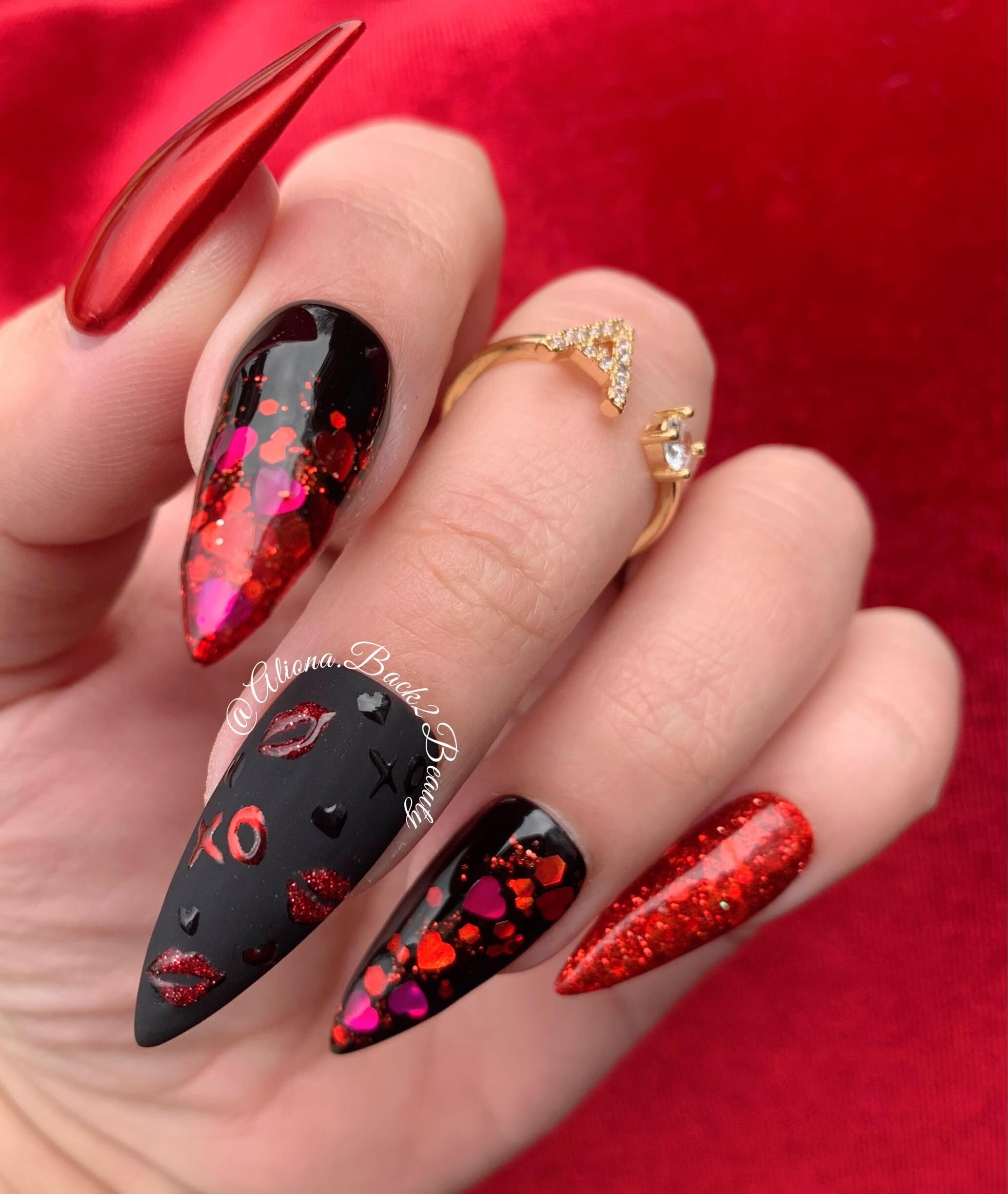 Red And Black Valentine s Day Nails Glitter Valentines Press On Nails Valentines Press On Nails Etsy