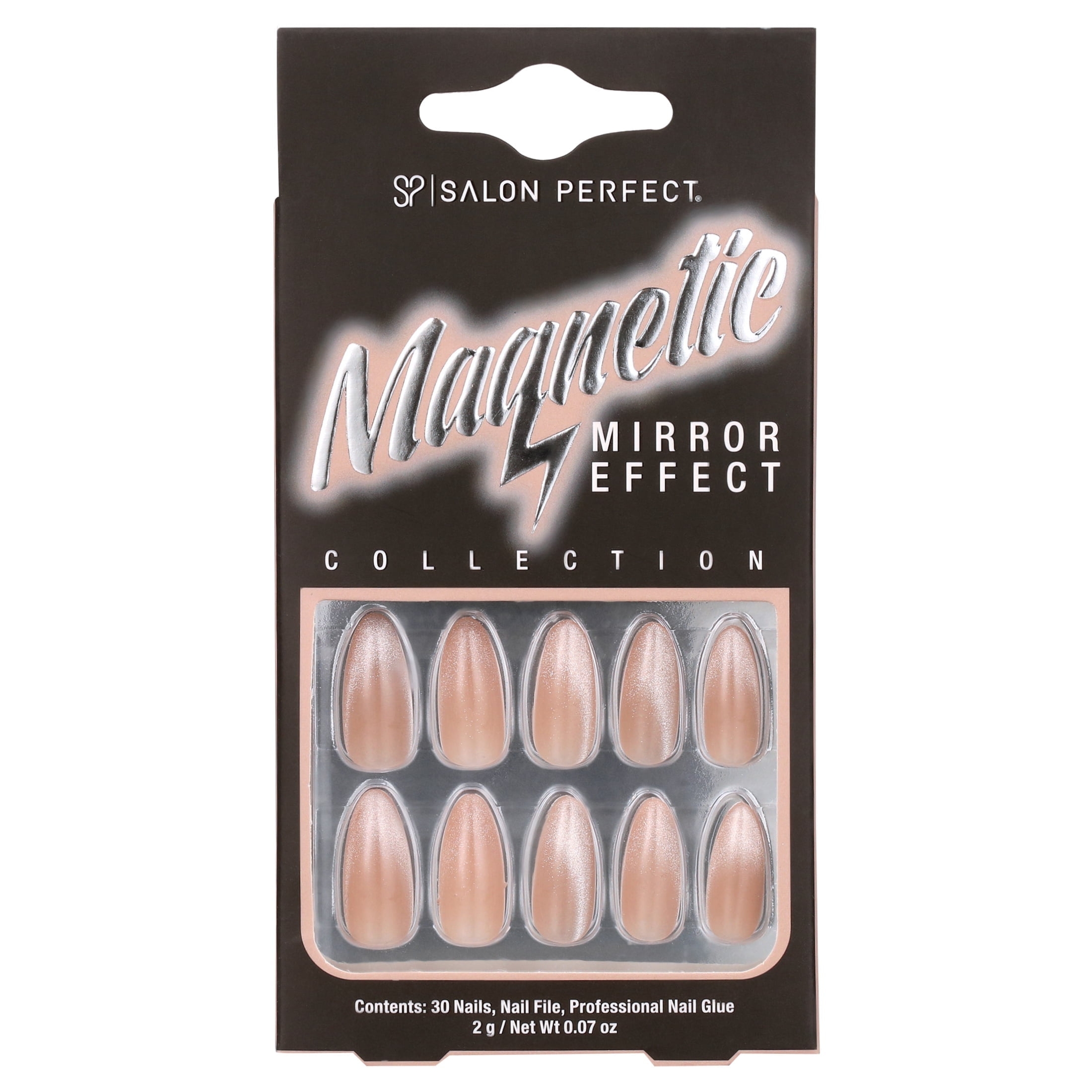 Salon Perfect Artificial Fake Press ons 121 Magnetic Silver Medium Almond File And Glue Included 30 Nails Walmart