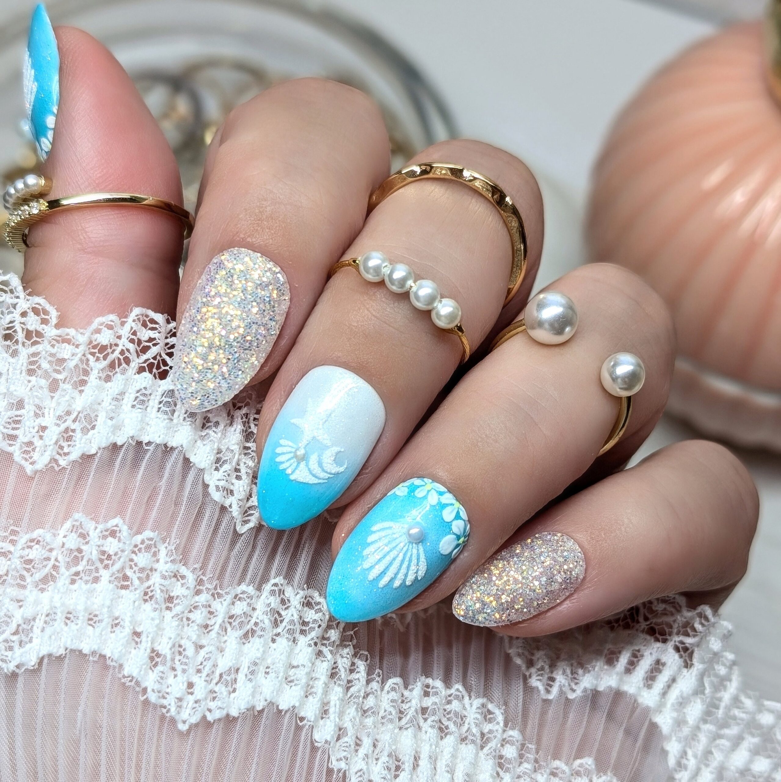 Sea Shell Press on Nails Hand painted Blue White Ombre Floral Sparkly Summer Beach Set Custom Sizes Etsy