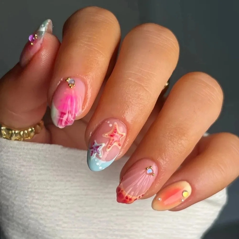 Short Almond Acrylic Nails Cute Shell Design Handmade Fake Nails With 3D Art And Adhesive Set From Nan07 18 07 DHgate Com