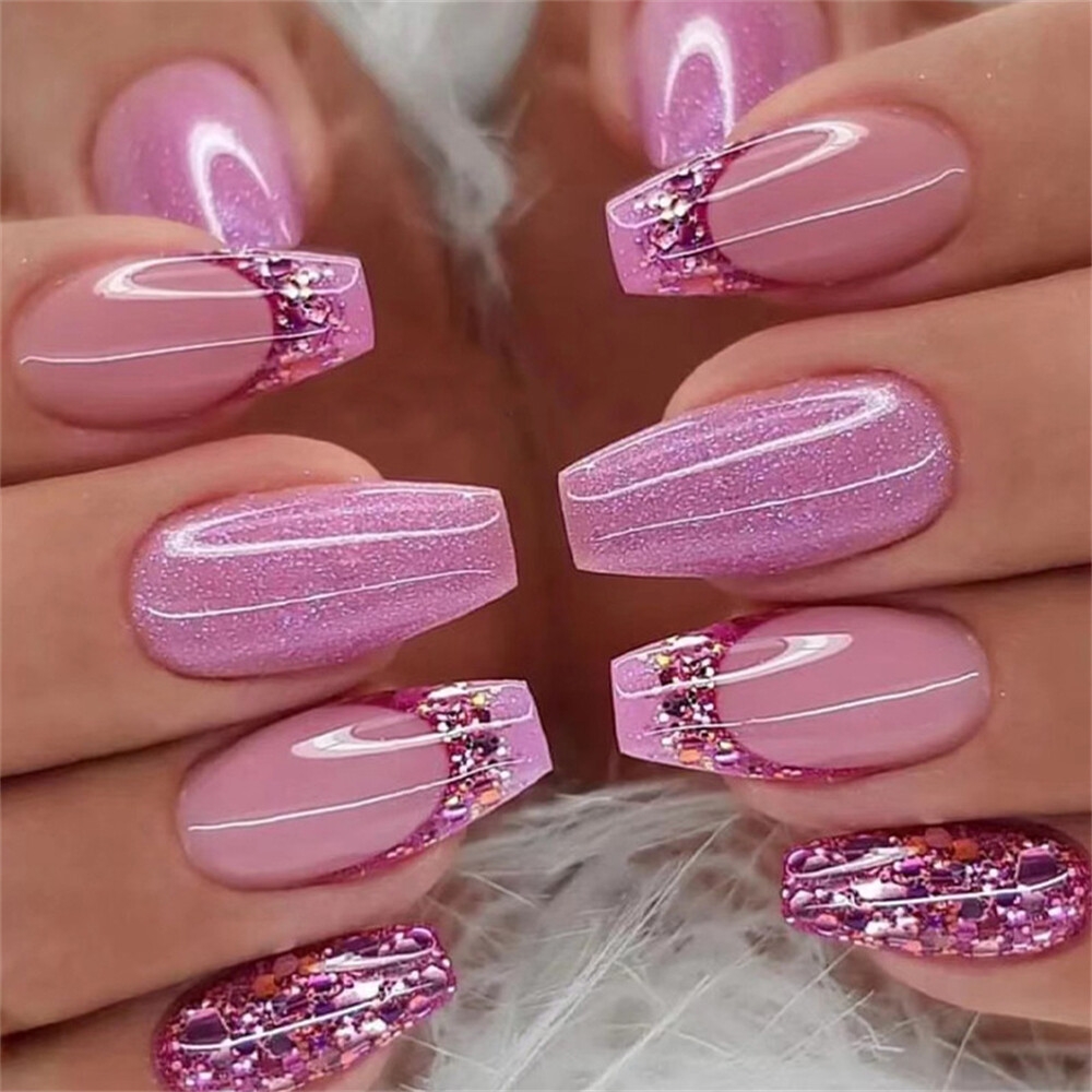 Short False Nail Glitter Pink French Press On Nails For Nail Art 24pcs EBay