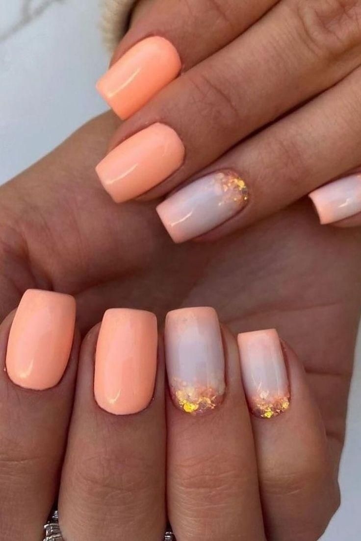 Short Square Acrylic Nails Summer Peach Designs With Elegant Sparkle
