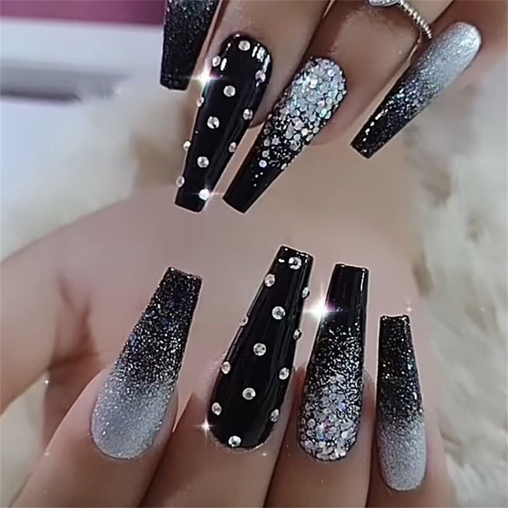 Sparkly Black Gradient False Nail Coffin Long Press On Nails For Nail Art 24Pcs EBay