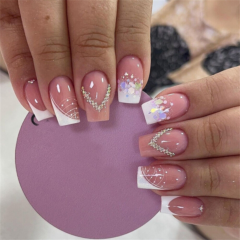 Square Short False Nail French Heart Glitter Press On Nails For Nail Art 24Pcs EBay