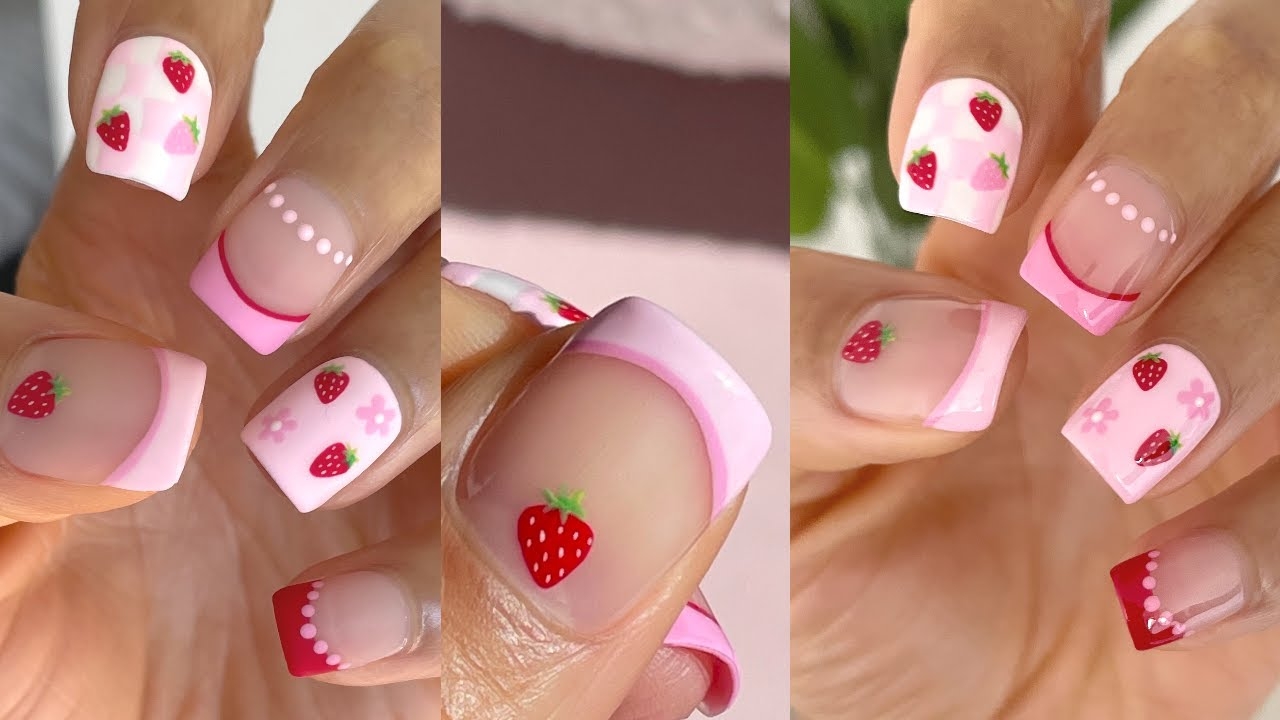 STRAWBERRY NAIL ART Summer Nails Tutorial Using Gel Polish At Home Mix Match Nails YouTube