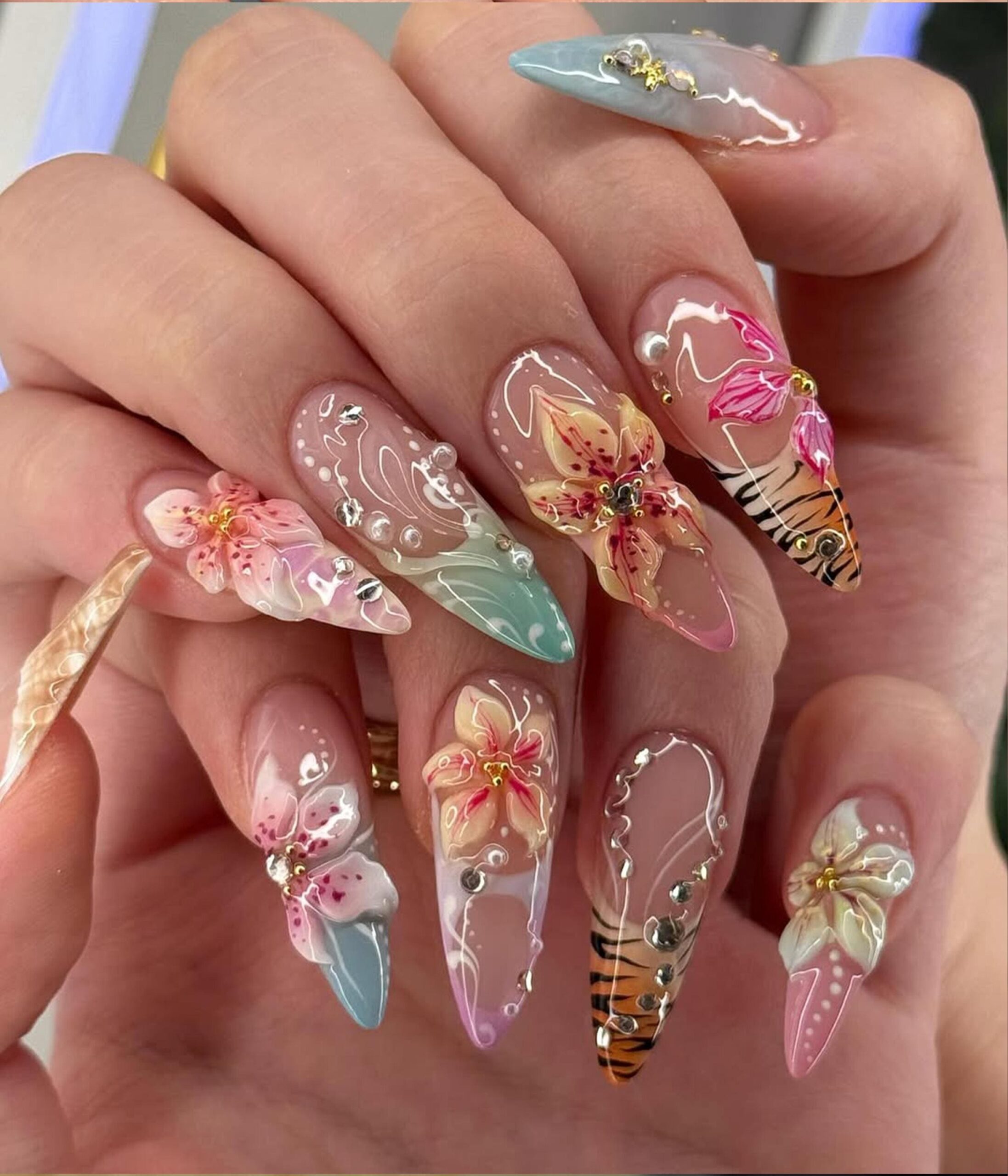 Tropical Glam Press On Nails Floral Tiger Nail Art Y2K Pastel Summer Nails Bold Vacation Nails Long Stiletto Leopard Nail DB427H Etsy