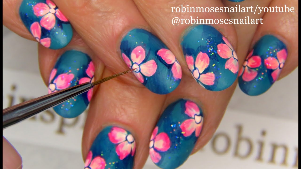 Turquoise Blue Nails Pink Flower Nail Art Design On Short Nails YouTube