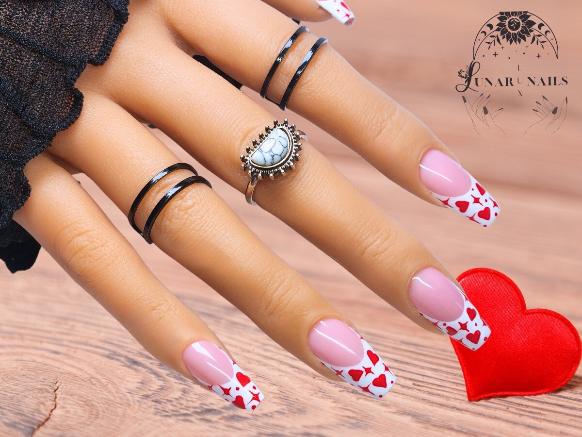 Valentines Day Hearts French Tip Nail Design Luxury Gel Press On Nails Etsy