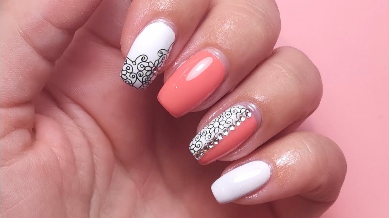 WATCH ME WORK Coral And White Stamping Design Gel Nail Art YouTube