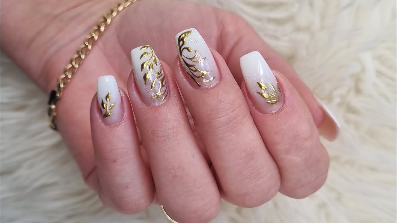 White And Gold Nails Elegant Autumn Nail Art YouTube
