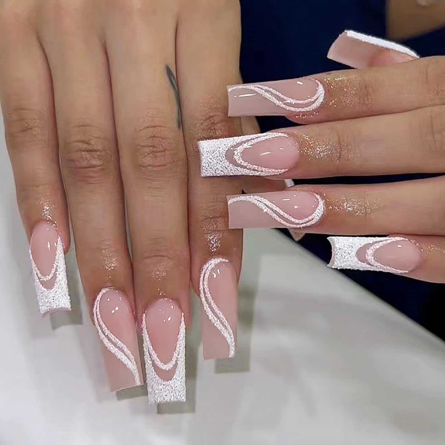 White Glitter French Tip Medium Coffin Press On Nails 24Pcs Glossy False Nails For Women And Girls Buy Now With Express International Delivery GoSupps
