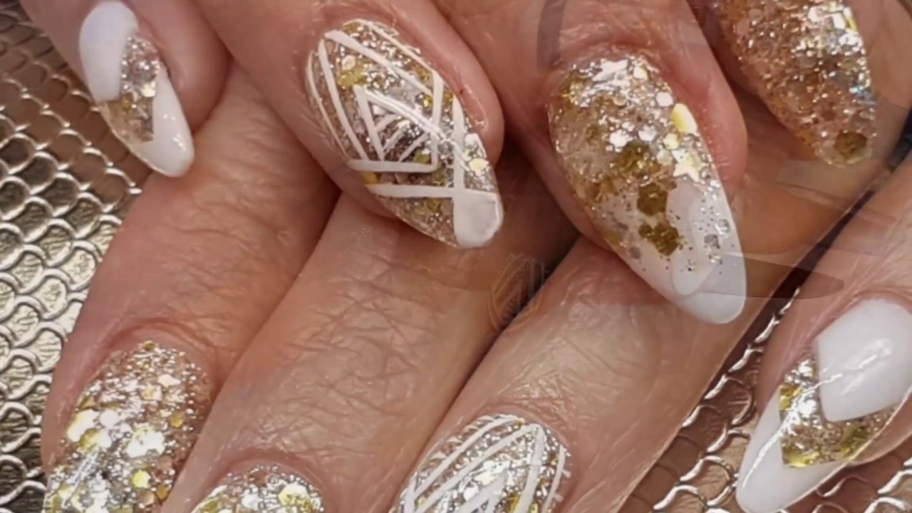 White Gold Acrylic Almond Nail Design With Freehand Art YouTube