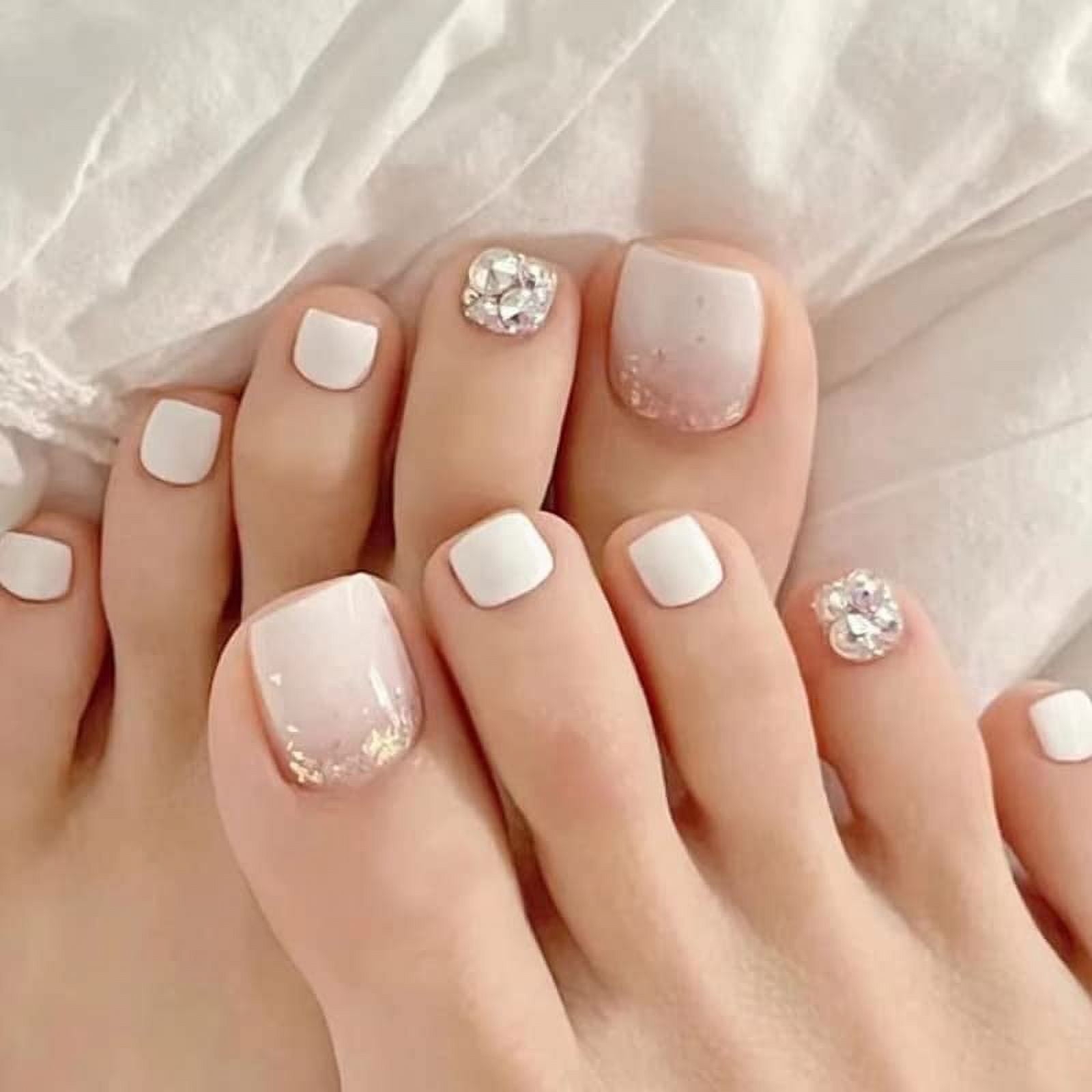 White Press On Toenails For Women Glitter Rhinestones Fake Toe Nails Tips Glossy Short Square Acrylic False Glue On Toenails For Women 24Pcs Toenails White Glitter Design A01 1 Count Pack Of
