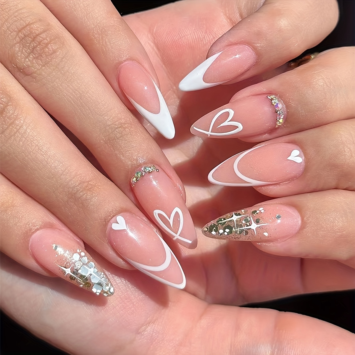 White Stiletto Nails With Glitter Sold On Temu United States