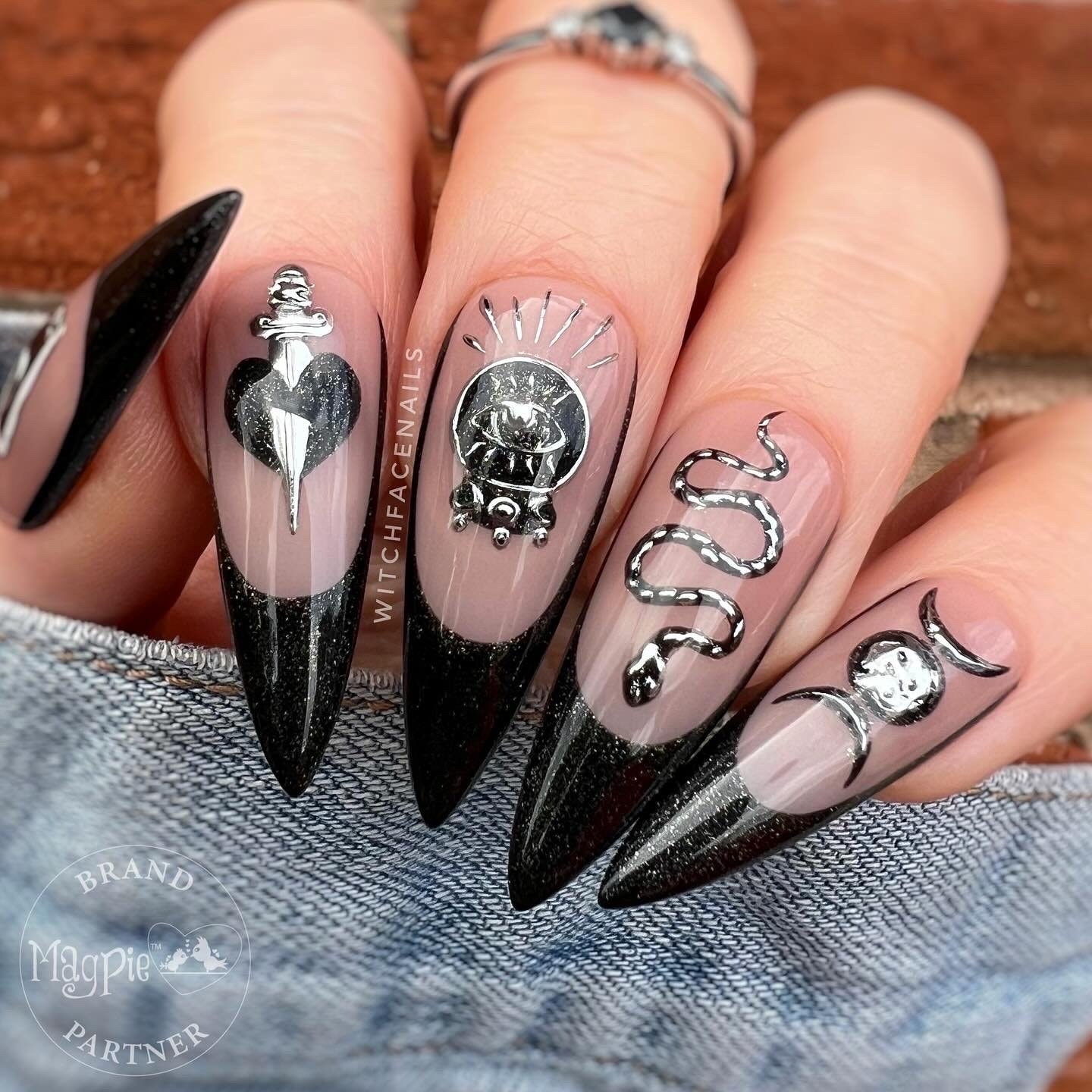 Witchy Press On Nails Black Glitter Hand Painted Tarot Card Snake Crystal Ball Triple Goddess Moon Silver Evil Eye Magick Spells Etsy