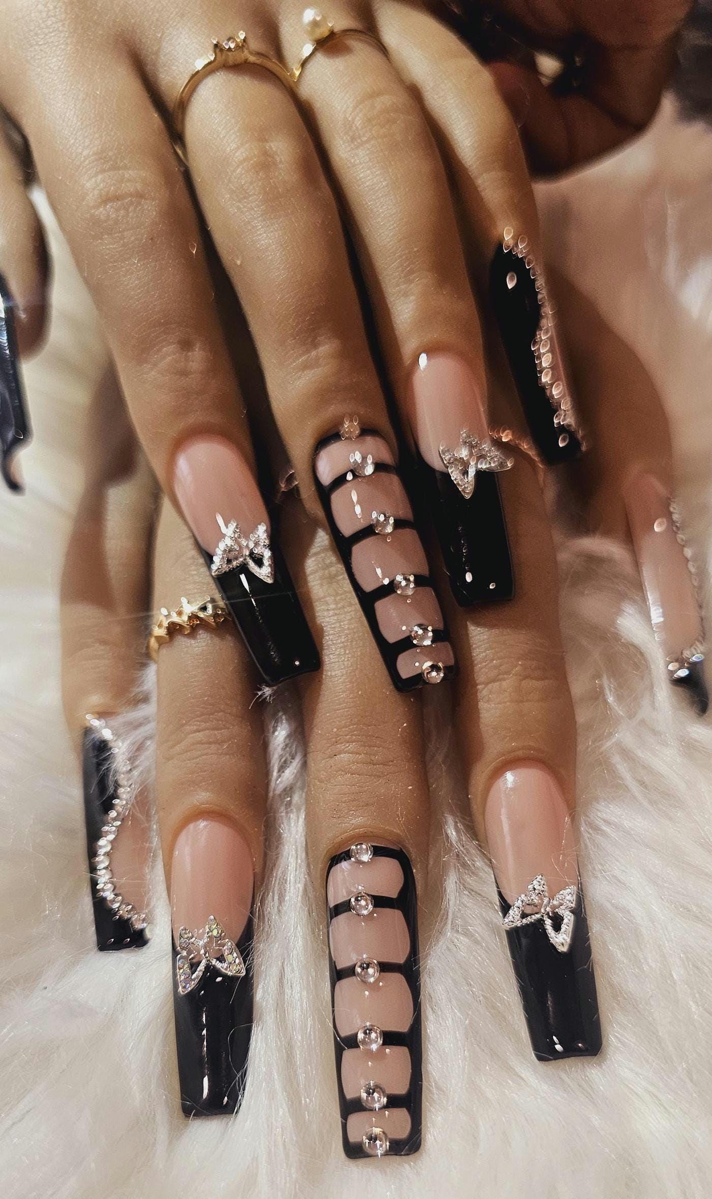 XXL Square Black Bling Nails Etsy