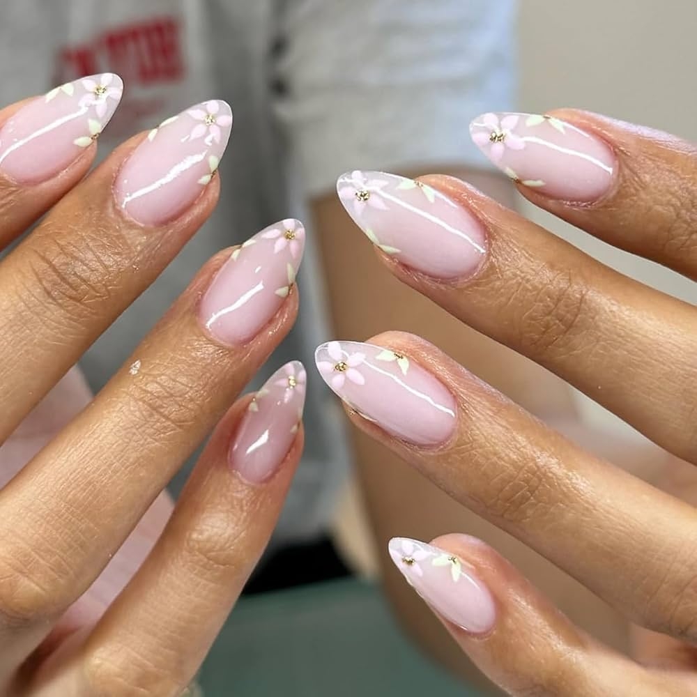 Amazon OHWODA Spring Press On Nails Light Pink Fake Nails Almond Shape Flower Artificial Nails With Gold Accents Designs Medium Length Glue On Nails Cute Stick On Nails For Women Girls 24 Pcs 