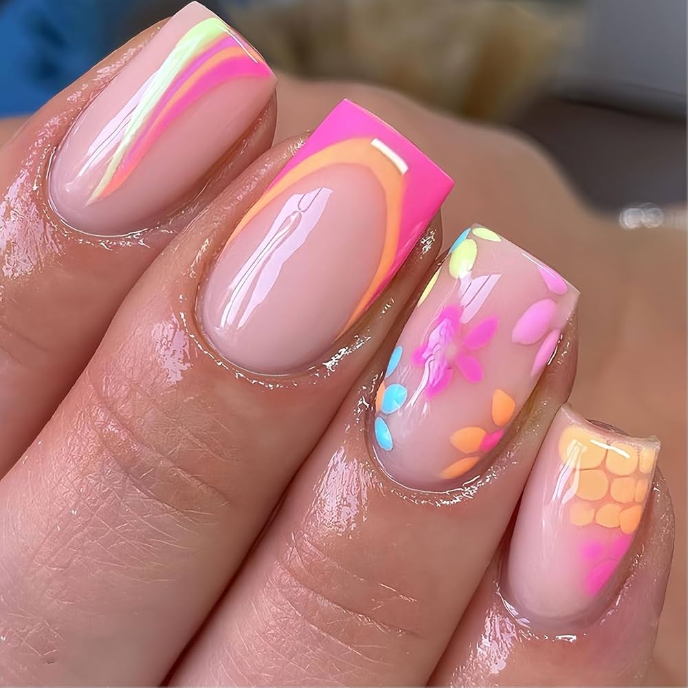 Amazon Spring Press On Nails Short Square Fake Nails Colorful Floral Ripple Designs Glue On Nails Acrylic Nail Kit With Nail Art Tools 24Pcs Glossy Stick On Nails For Women Girls 